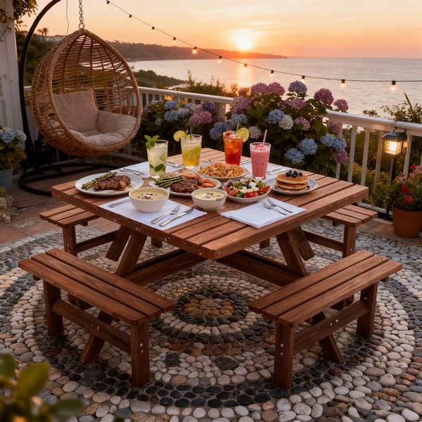 74 in. Brown Square Wood Picnic Tables Seats 8 People with Umbrella Hole, Built in Benches, Outdoor Dining Set for Yard