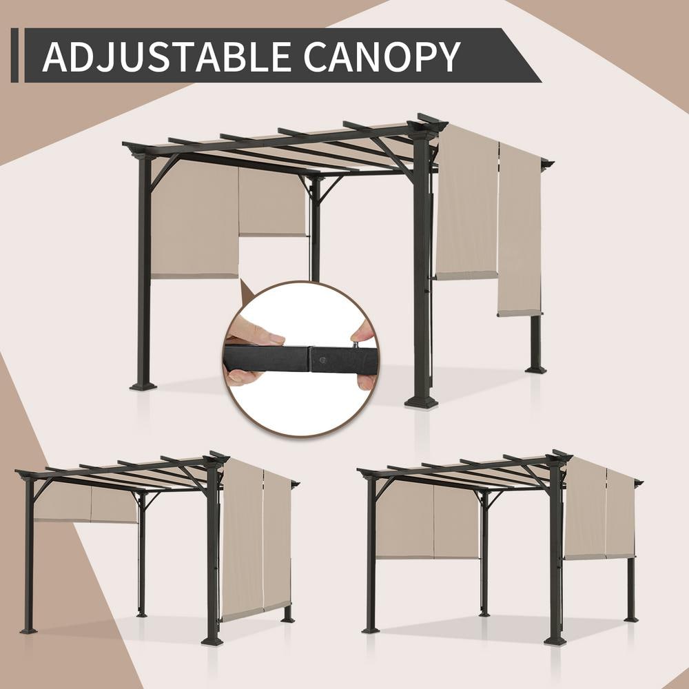 Beige 10x10 Metal Patio Pergola with Retractable Canopy