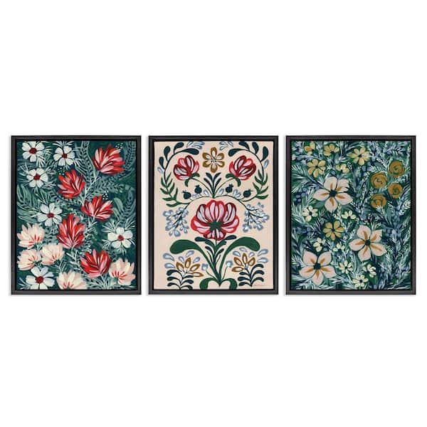 Boho Folksy Florals by Yvette St. Amant 3 Pieces Black Floater Frame Nature Graphic Art Print 31 in. x 25 in.