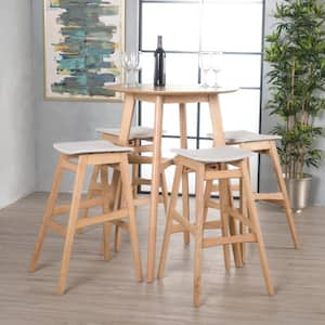 5-Piece Natural Oak Wood and White Fabric Counter Height Dining Set