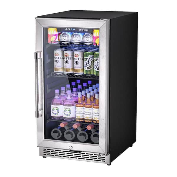 18 in. Built-In/Freestanding Single Zone 120-Cans Beverage and Wine Cooler in Stainless Steel with LED Light, Child Lock