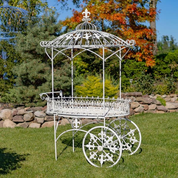 Zaer Ltd. 57.48 in. L Antique White Iron Flower Cart ZR200424-AW