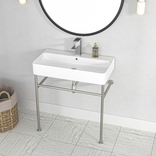 Logmey 35 in. Ceramic Console Sink White Single Basin with Brushed Nickel Legs