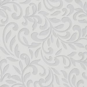 Scroll Damask Metallic White/Pearl Vinyl on Non-Woven Non-Pasted Wallpaper Roll