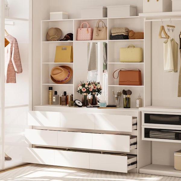 Kingdely White 9-Drawers 63 in. W Dresser Closet System With Shelves and Mirror for Bedroom Living Room Fitting Room, White