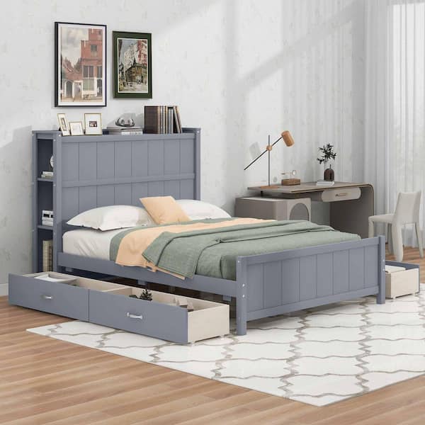 Gray Wood Frame Full Size Platform Bed with Drawers and Storage Shelves