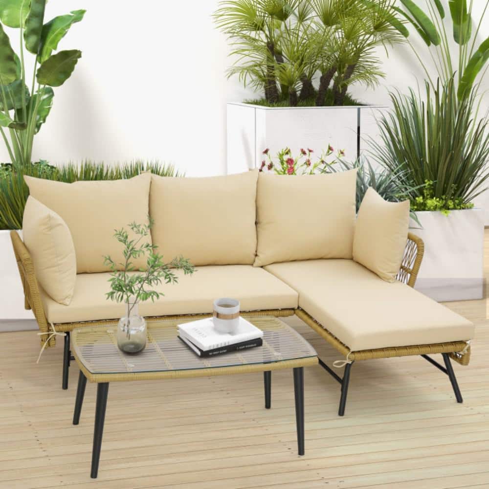 Outdoor 3-Piece Wicker L-Shaped Patio Conversation Sectional Sets with Beige Cushions price history on PriceWatchPro