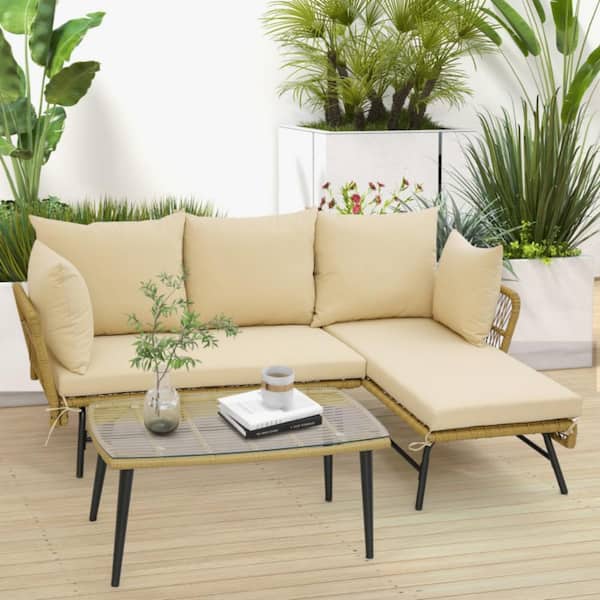 Kadehome Outdoor 3-Piece Wicker L-Shaped Patio Conversation Sectional Sets with Beige Cushions