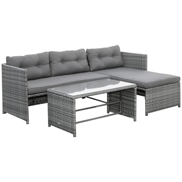 Outsunny 3-Piece Wicker Patio Conversation Set with Grey Cushions and Cushions