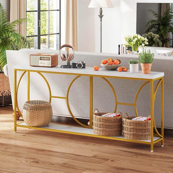 71 in. White+Gold Rectangle Faux Marble Top Console Table with 2-Tier Narrow Console Table for Entryway
