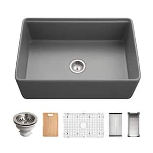 Aspire 30 in Matte Black Fireclay Farmhouse Apron Front Single Bowl Workstation Sink w/Accessories PTW-3020SBL