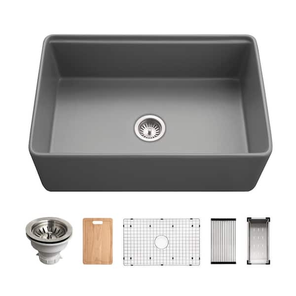 Aspire 30 in. Farmhouse Apron Front Single Bowl Matte Gray Fireclay Workstation Sink with Accessories