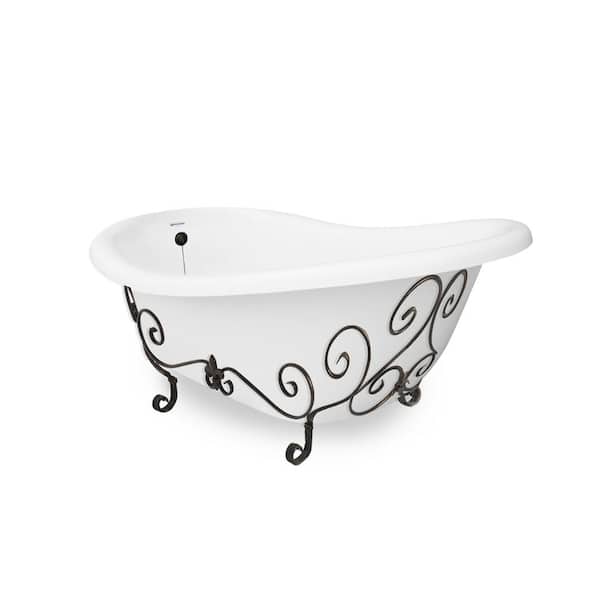 American Bath Factory 71 in. AcraStone Slipper Clawfoot Non-Whirlpool Bathtub in White and Base in Old World Bronze