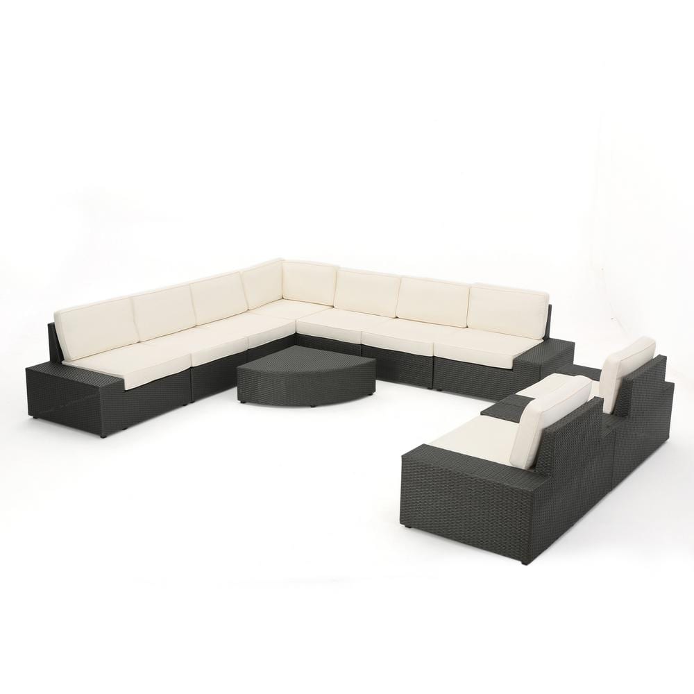 Gray Iron 9-Seater Outdoor Sectional Sofa Set with White Cushions