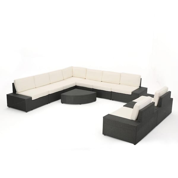 Noble House Santa Cruz Gray 10-Piece Wicker Outdoor Sectional Set with White Cushions