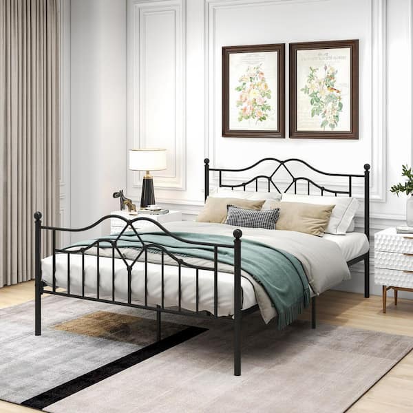 GOJANE 83.07 in. W Black Queen Size Metal Platform Bed Frame with Headboard and Footboard Basic Bed Frame No Box Spring Needed