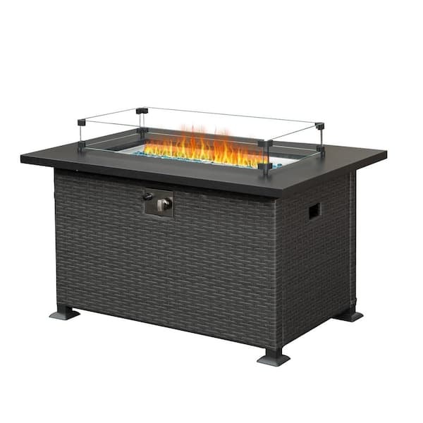 Unbranded 43.3 in. Wicker 50,000 BTU Propane Fire Pits Table with Blue Glass Ball, Outdoor Fire Table in Dark Gray