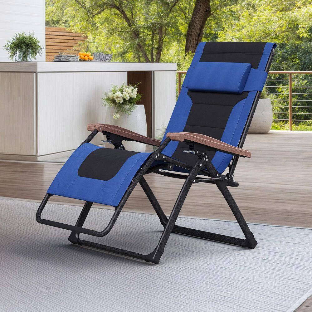 Oversized Zero Gravity 1 Piece Metal Outdoor Chaise Lounge Folding Recliner with Quilted Navy Blue and Black Cushion price history on PriceWatchPro