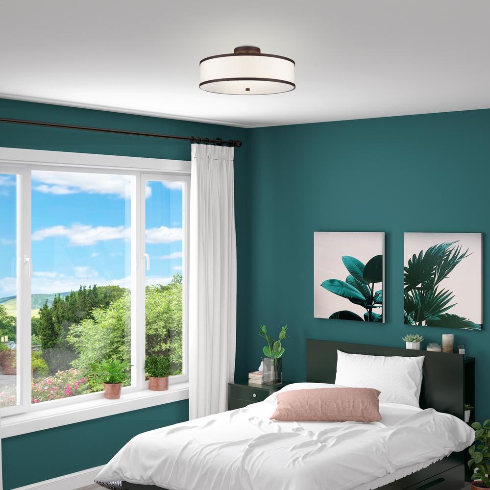 Bronze Contemporary 3-Light Semi-Flush Mount with Off-White Fabric Shade