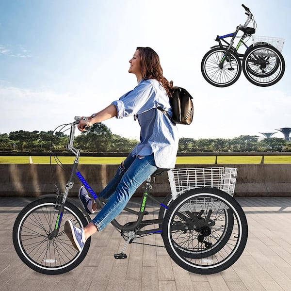 26 in. Adult Folding Tricycle 7 Speed Adult Tricycles Cruiser Trike with Large Basket/Adjustable Seat