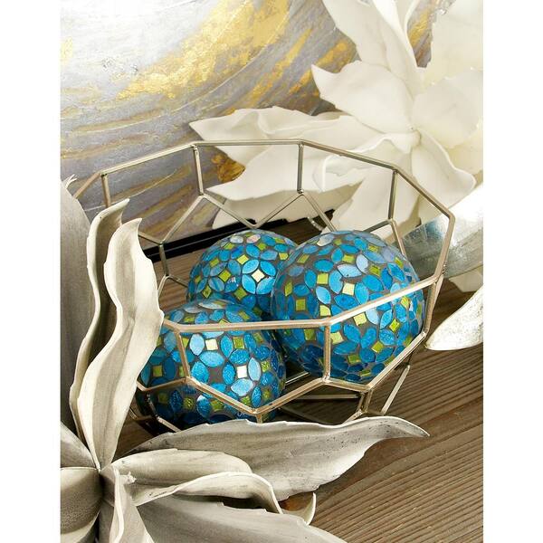 Litton Lane 4 in. Dia Gray, Turquoise, and Green Glass and PVC Mosaic Decorative Balls (Set of 4)