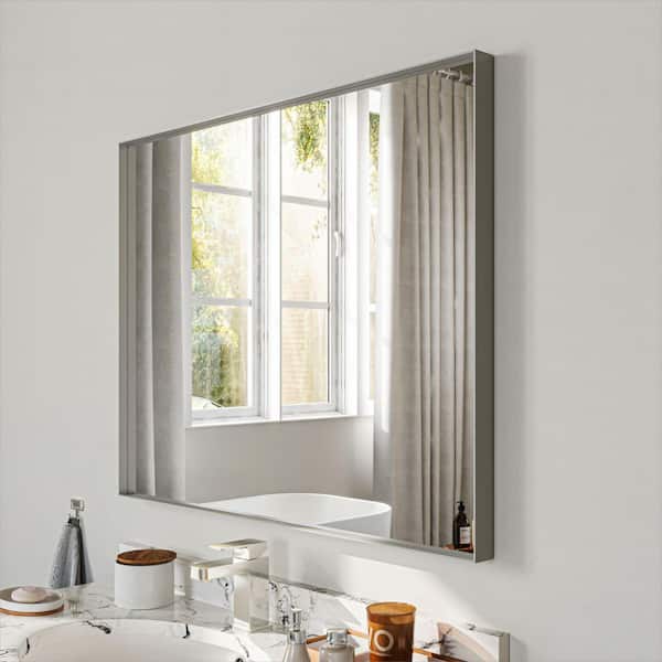 28 in. W x 36 in. H Silver Aluminum Rectangle Framed Tempered Glass Wall-mounted Bathroom Mirror
