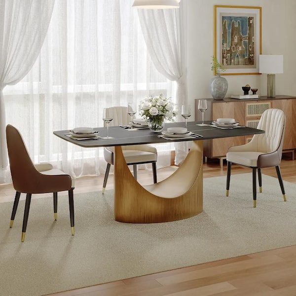 Black Rectangular Sintered Stone 62.99 in. W Pedestal Dining Table Seats-6