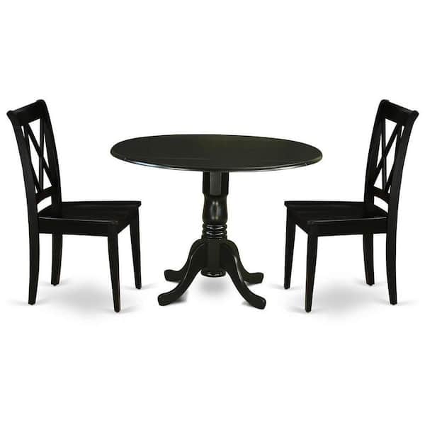 East West Furniture 3-Piece Round Black Finish Solid Wood Top Dining Table with 2 Chairs with Drop Leaf Lattice Back