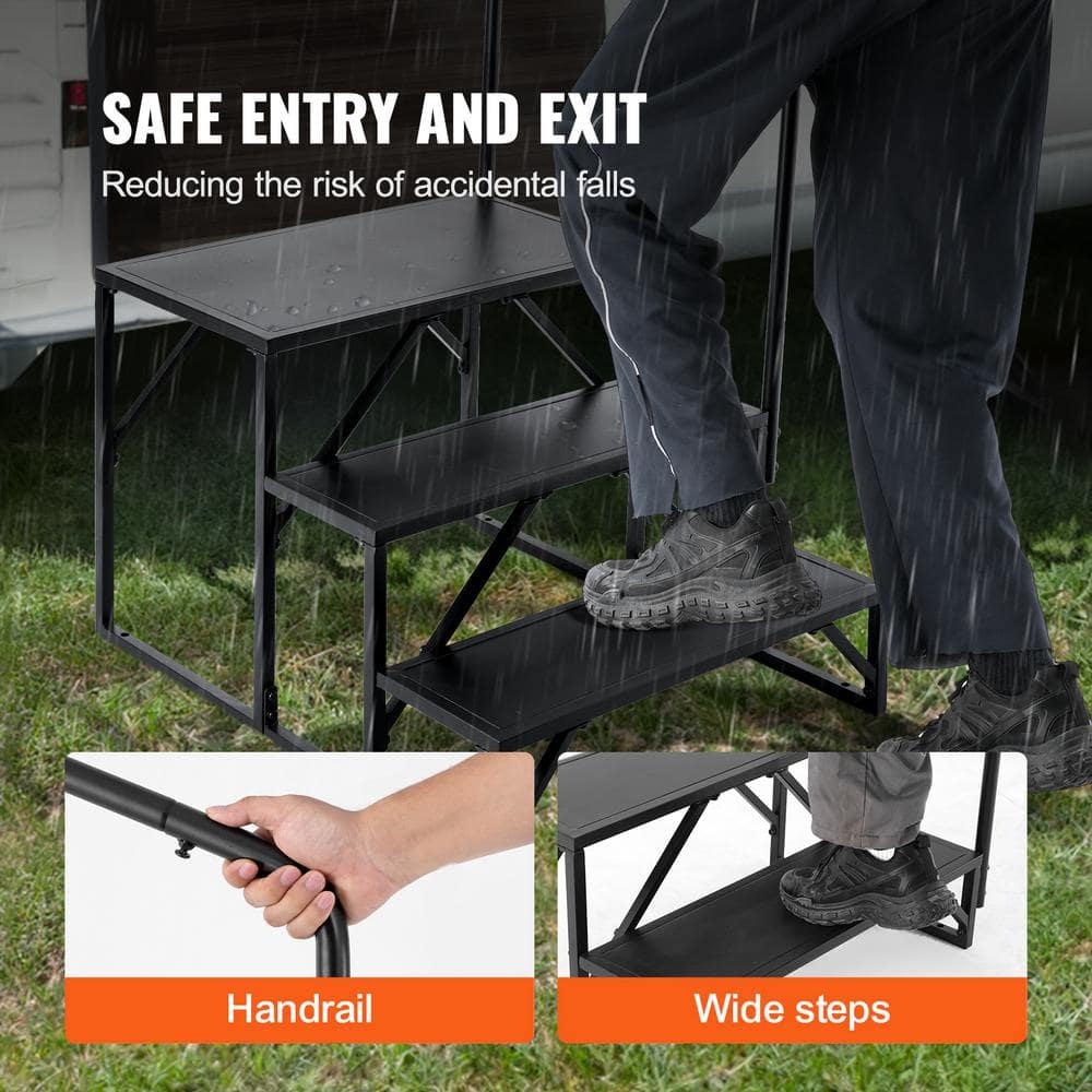 Black Carbon Steel 3-Step RV Stairs with Handrail