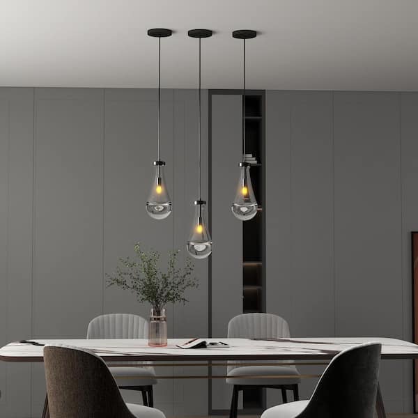 1 Light Black Pendant Light with Clear Glass Teardrop Shade and Adjustable Cord
