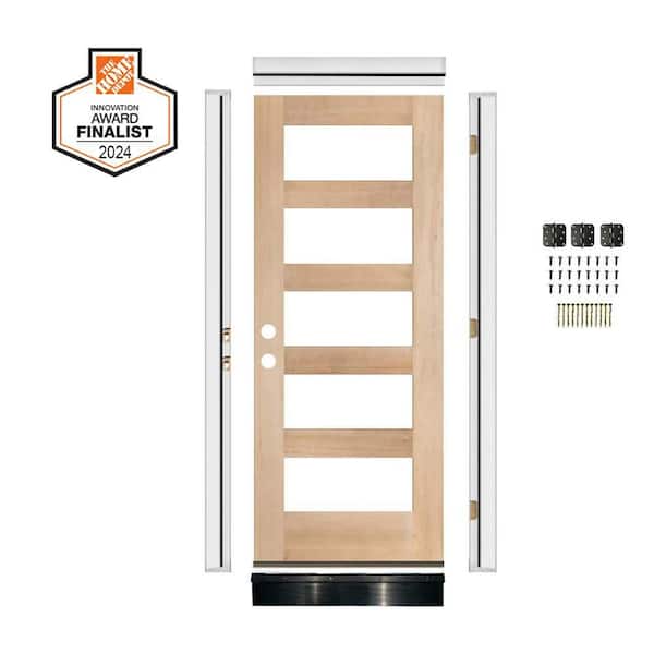 DIY RTA KIT 36in.x80in. Modern Hemlock Right-Hand/Inswing 5Lite Clear Glass Unfinished Wood Ready To Assemble Front Door