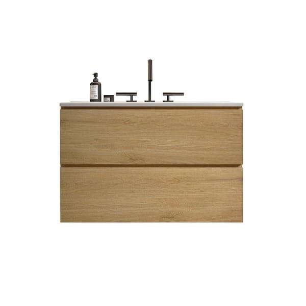 INSTER TINA 30 in. W Single Sink Wall Mount Oak Walnut Bath Vanity with White Ceramic Top Sink with 3 Faucet Holes
