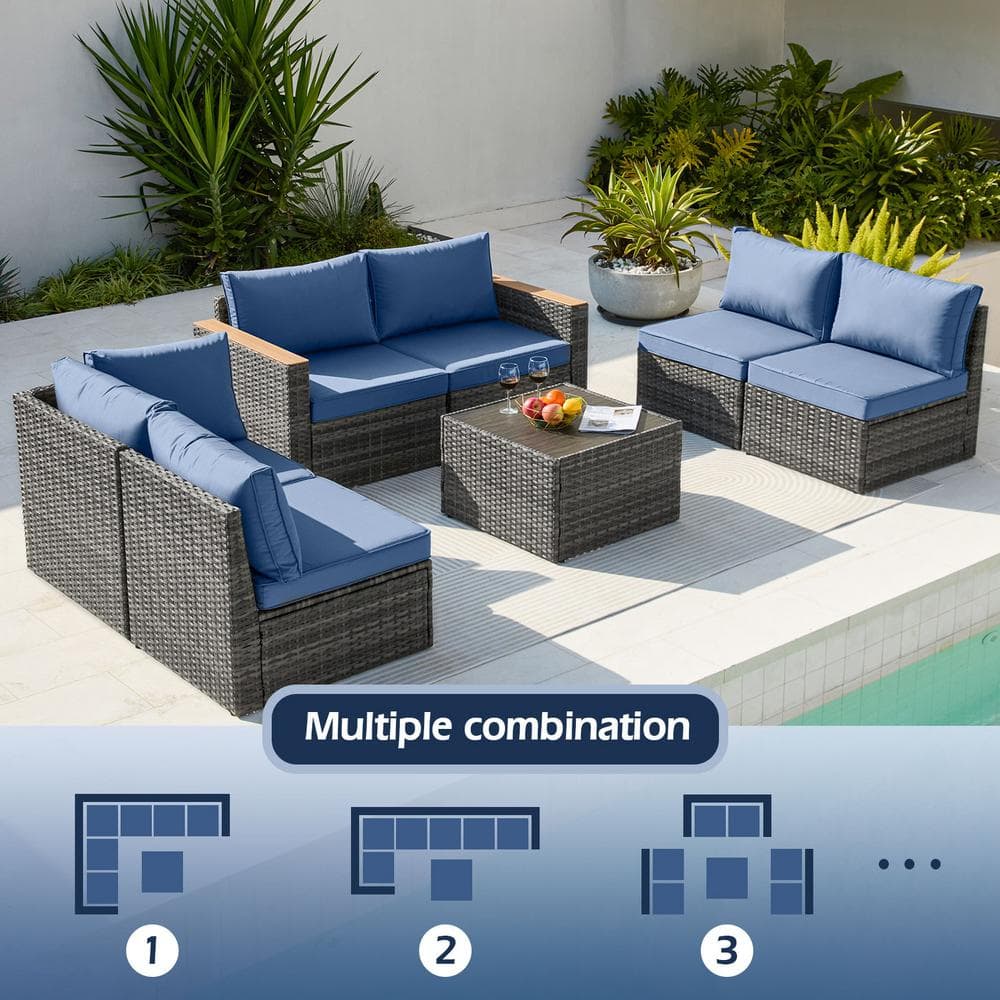 Navy Blue Cushioned 7-Piece Wicker Outdoor Sectional Sofa Set