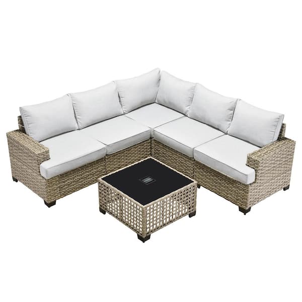 Kelleys 6-Piece Wicker Modern Outdoor Patio Conversation Sofa Sectional Set with Light Grey Cushions