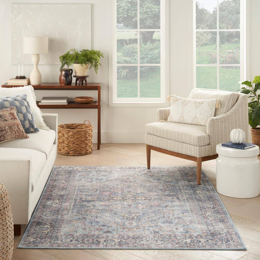 Light Grey and Blue Floral Cotton Chenille Rectangular Rug 6' x 9'