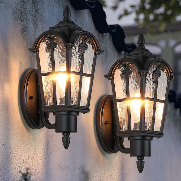 2-Pack Wall Mounted Waterproof Outdoor Light Fixtures with Water Ripple Glass, Black