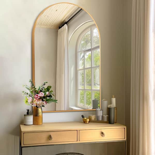 GOGEXX 24 in. W x 36 in. H Aluminum Gold Vanity Mirror Large Arched Mirror Wall Mounted/Standing Bathroom Mirror Framed Mirror