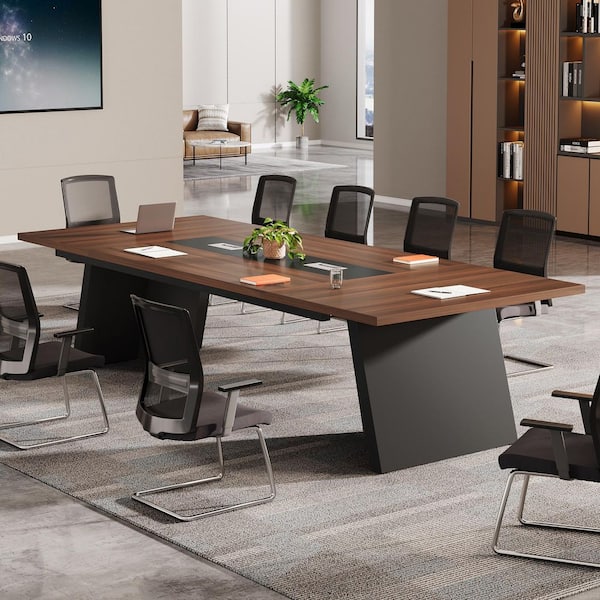 Moronia 94.49 in. Conference Table, 8ft Extra Long Modern Business Seminar Desk with Cable Management, Walnut & Black
