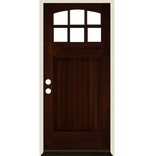Krosswood Doors 36 in. x 80 in. Craftsman 6 Lite V Groove Arch Top Red Mahogany Stain Right-Hand/Inswing Hemlock Prehung Front Door