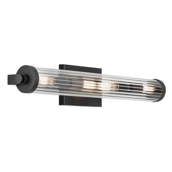 KICHLER Azores 25 in. 4-Light Black Vintage Industrial Bathroom Vanity Light with Clear Fluted Glass