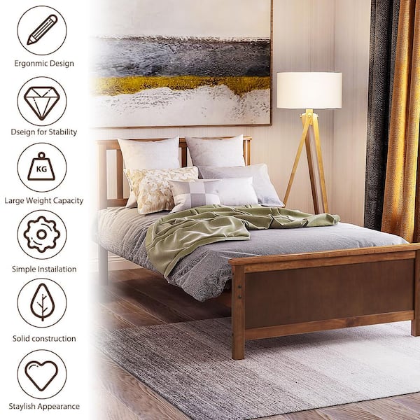 Walnut Twin Size Platform Bed Frame, Wooden Platform Bed with Headboard, Twin Platform Bed with Wood Slat Support