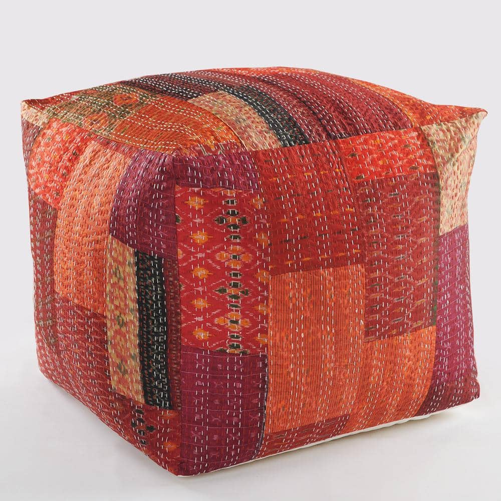 Crimson Kantha Cotton Square Pouf, 24" x 24" x 20"