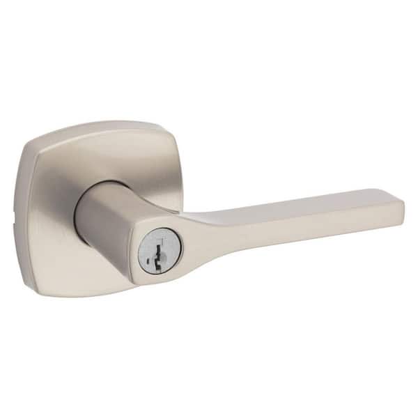 Kwikset Tripoli Satin Nickel Keyed Entry Door Lever Handle with Soft Modern Rose Featuring SmartKey Security