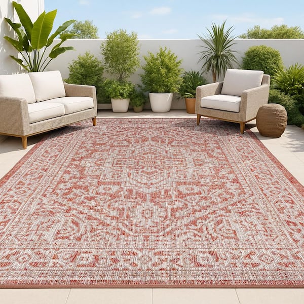 Sinjuri Medallion Textured Weave Red/Taupe 9 ft. x 12 ft. Indoor/Outdoor Area Rug