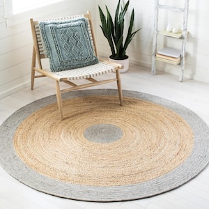 Braided Silver Natural 3 ft. x 3 ft. Solid Border Round Area Rug