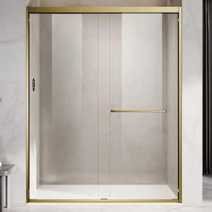 UKD06 56 to 60 in. W x 72 in. H Double Sliding Semi-Frameless Shower Door in Satin Brass, EnduroShield Clear Glass