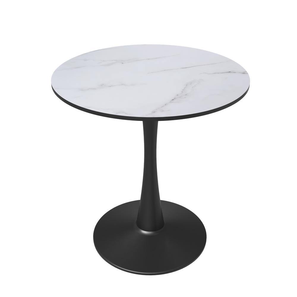 24" Round Marbled White MDF Dining Table with Black Steel Pedestal Base
