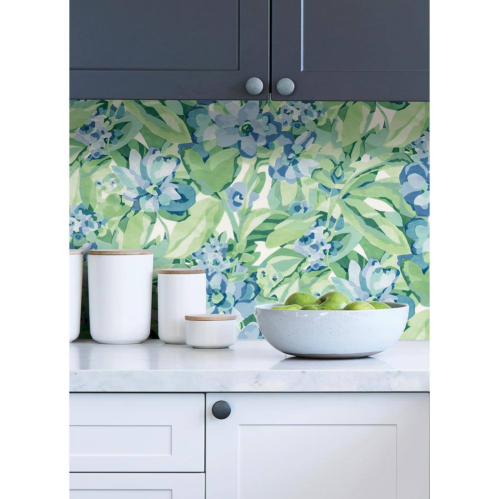 Heather Green and Blue Vinyl Floral Peel and Stick Wallpaper