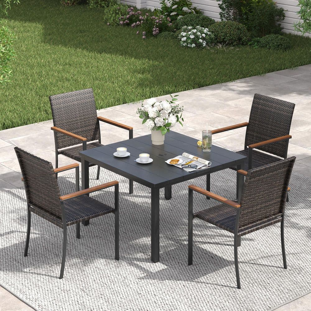 5-Piece Metal Outdoor Dining Set with 40.2 in. Black Square Dining Table and 4-Brown Wicker Stackable Dining Chairs price history on PriceWatchPro