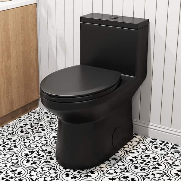 HOROW 1-piece 0.8 GPF/1.28 GPF High Efficiency Dual Flush Elongated Toilet in Black Soft-Close Seat Included ADA Height